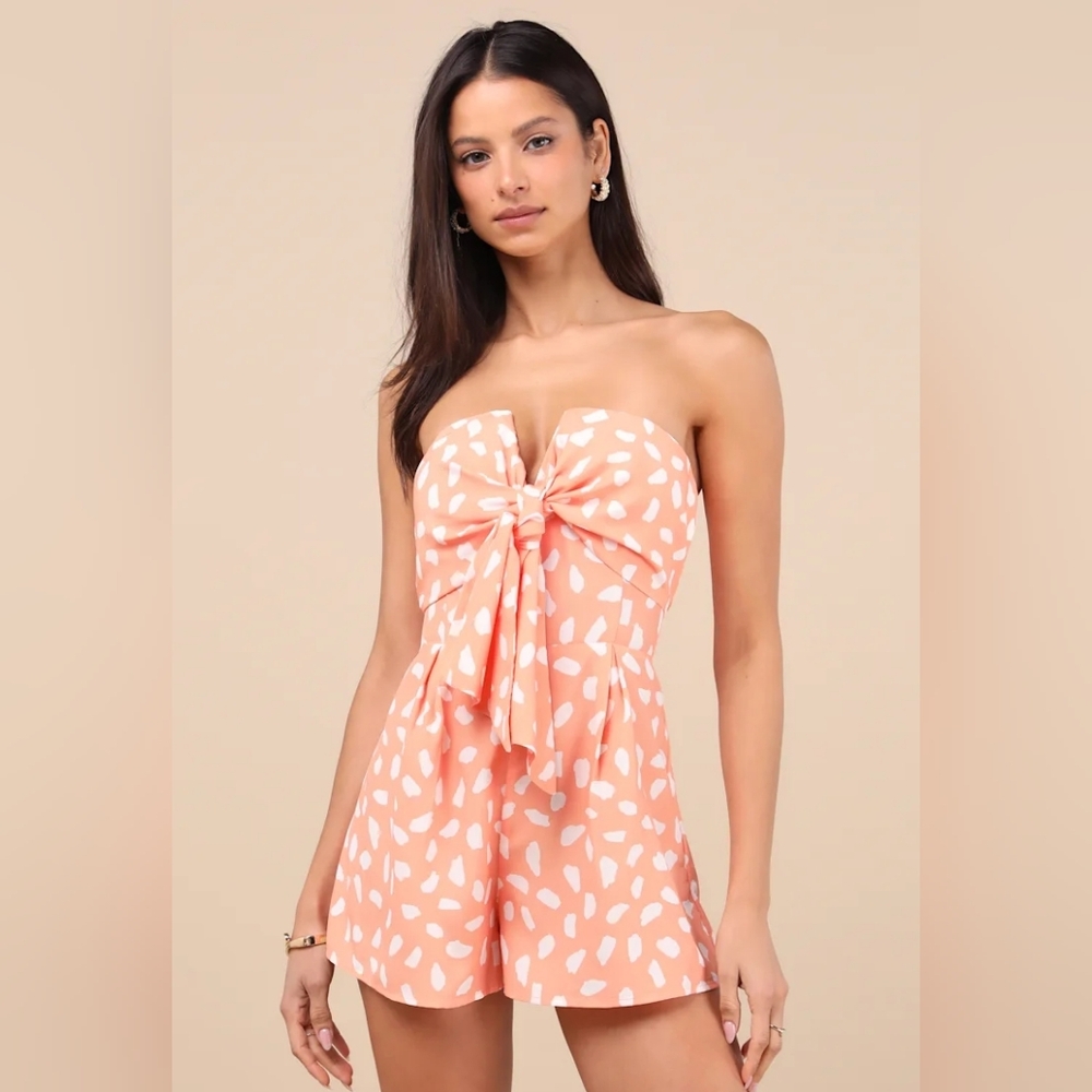 Lulus Inez Peach and White Print Tie-Front Romper Medium